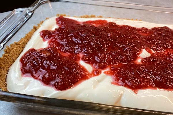 assembling rhubarb swirl dessert