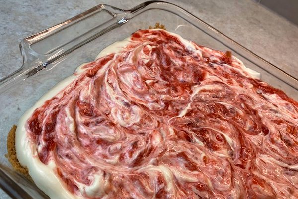 rhubarb swirled into pudding