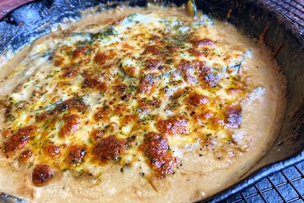 zucchini gratin in cast iron skillet