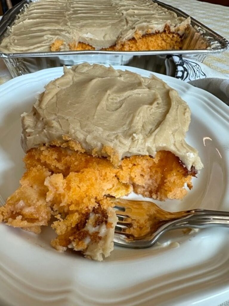 peach cake with caramel frosting