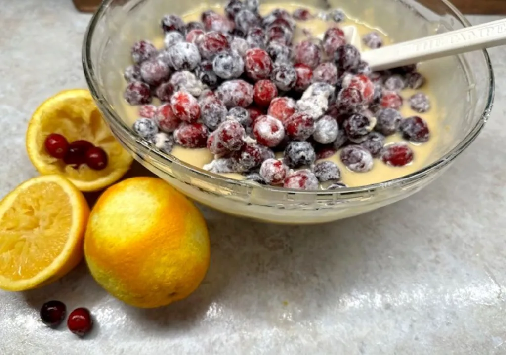 cranberries and a bowl of batter

