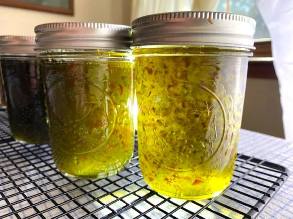 row of jars with jalapeno jelly with light from a window higlighting the texture
