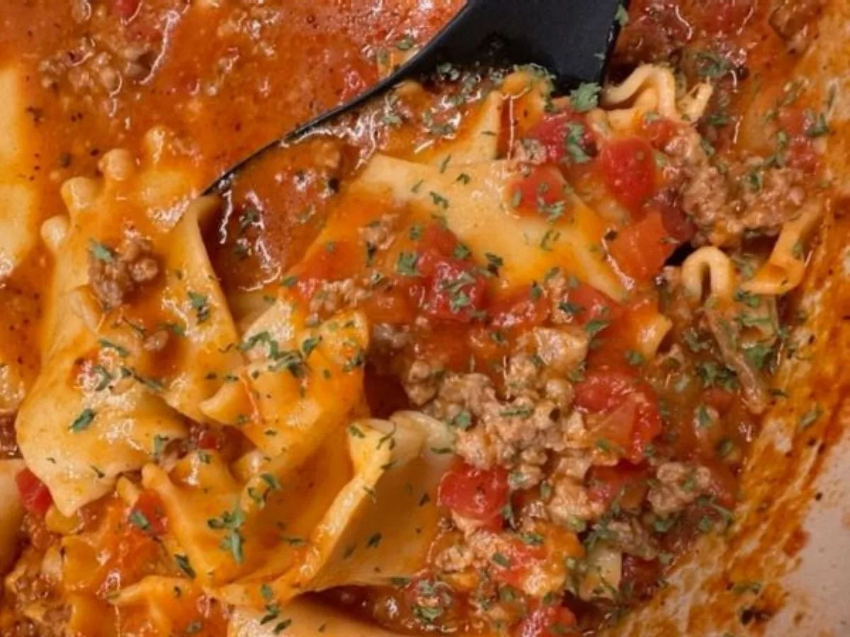 Lasagna soup topped with chopped fresh basil — all the flavor of classic lasagna in a warm, comforting bowl