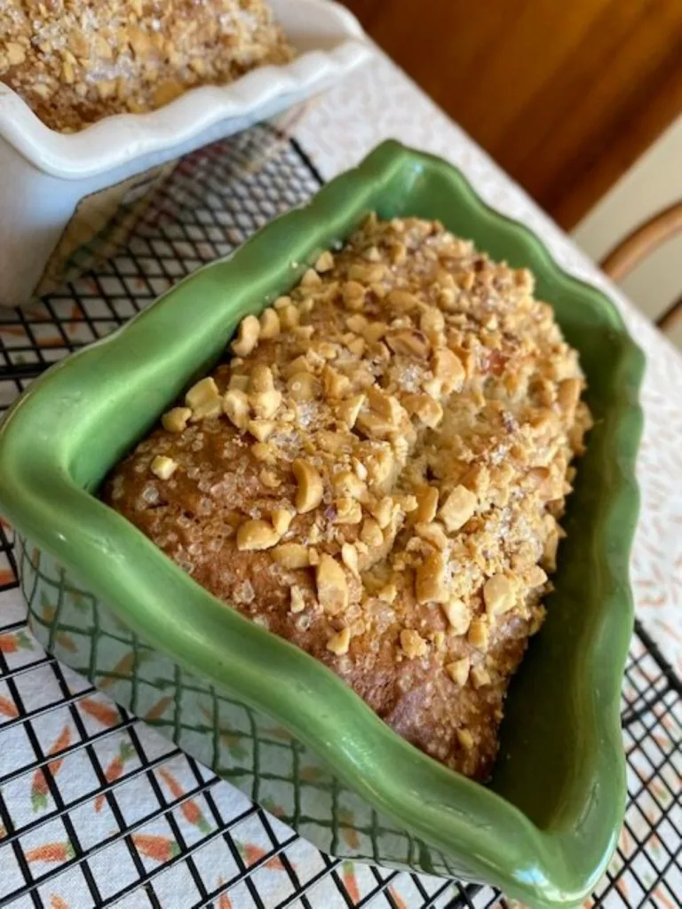 two delicious loaves of peanut butter banana bread ready to be shared or frozen