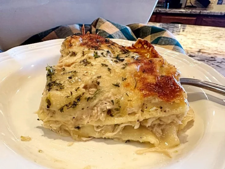 one piece of chicken broccoli lasagna on a plate showing tender flavorful layers