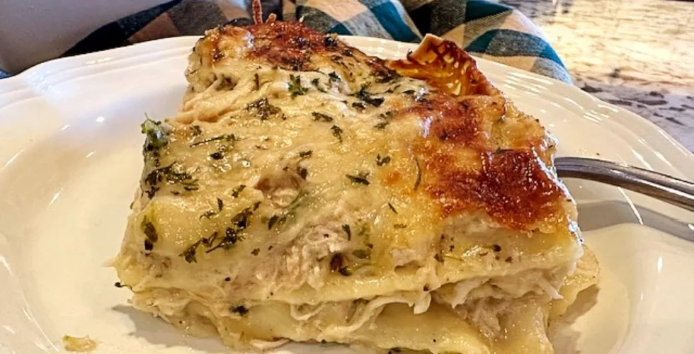 one piece of chicken broccoli lasagna on a plate showing tender flavorful layers