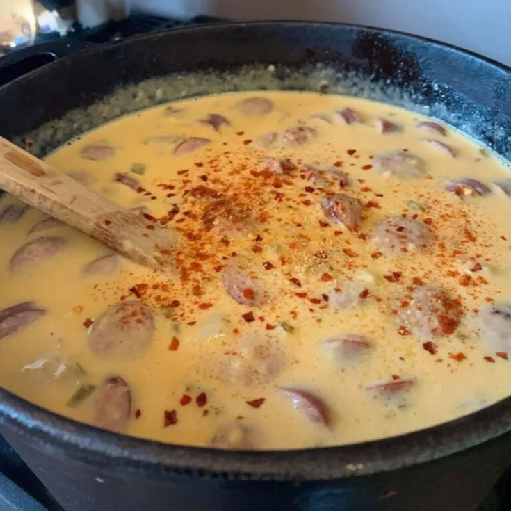 a warm pot of beer cheese soup with sausage and garnish