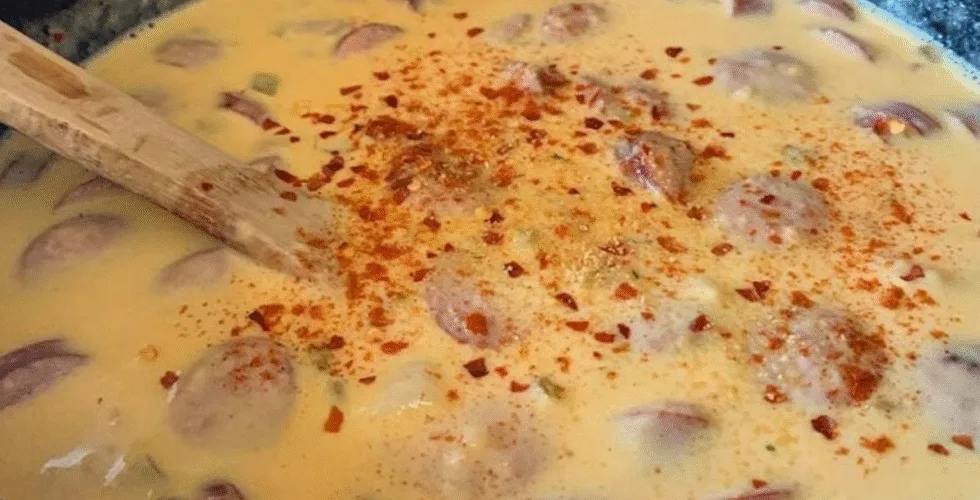 a warm pot of beer cheese soup with sausage and garnish