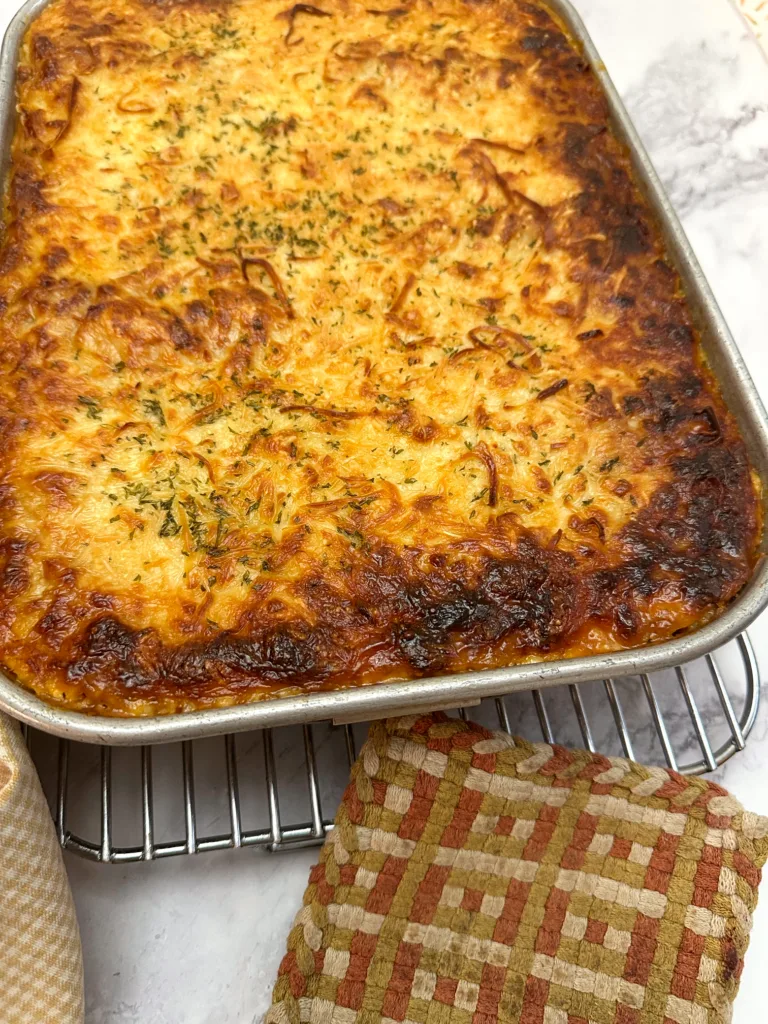 a bubbling pan of overnight lasagna fresh from the oven