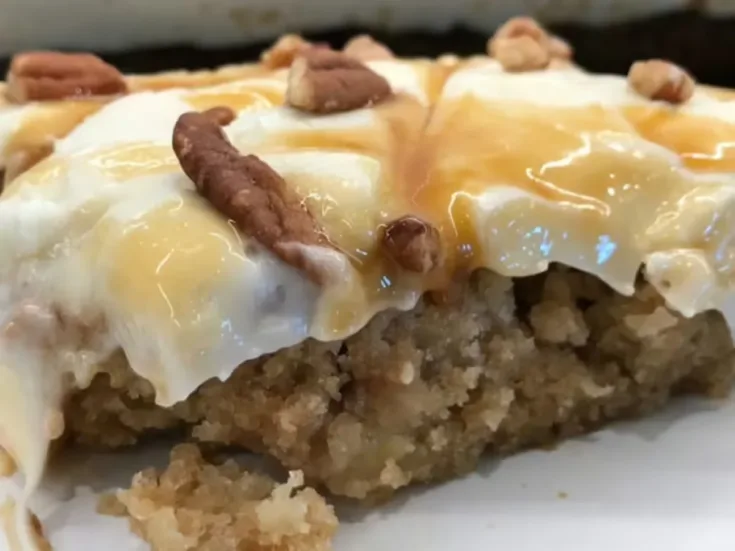 a piece of apple cake with cream cheese frosting